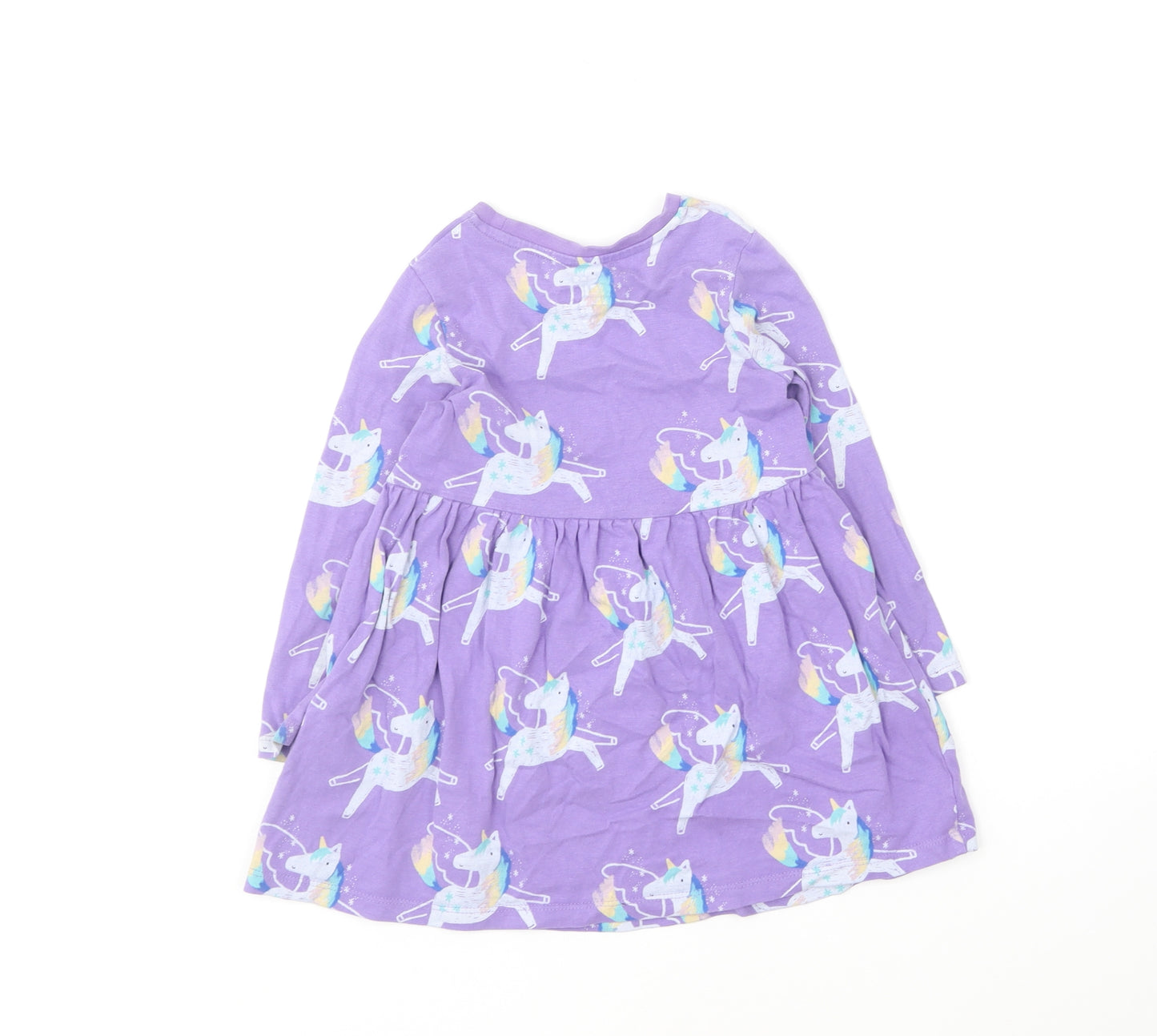 Marks and Spencer Girls Purple Geometric Cotton Skater Dress Size 2-3 Years Round Neck Pullover - Unicorn