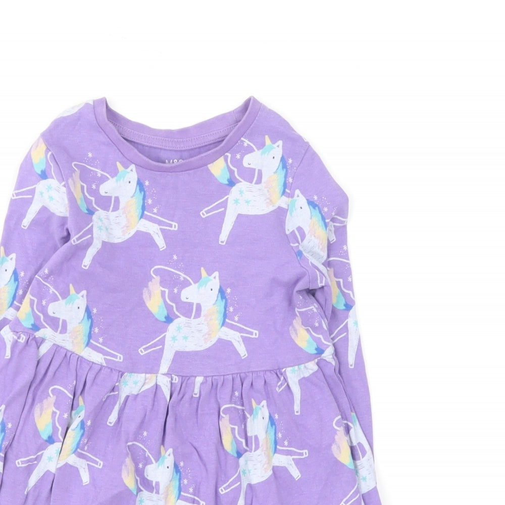 Marks and Spencer Girls Purple Geometric Cotton Skater Dress Size 2-3 Years Round Neck Pullover - Unicorn