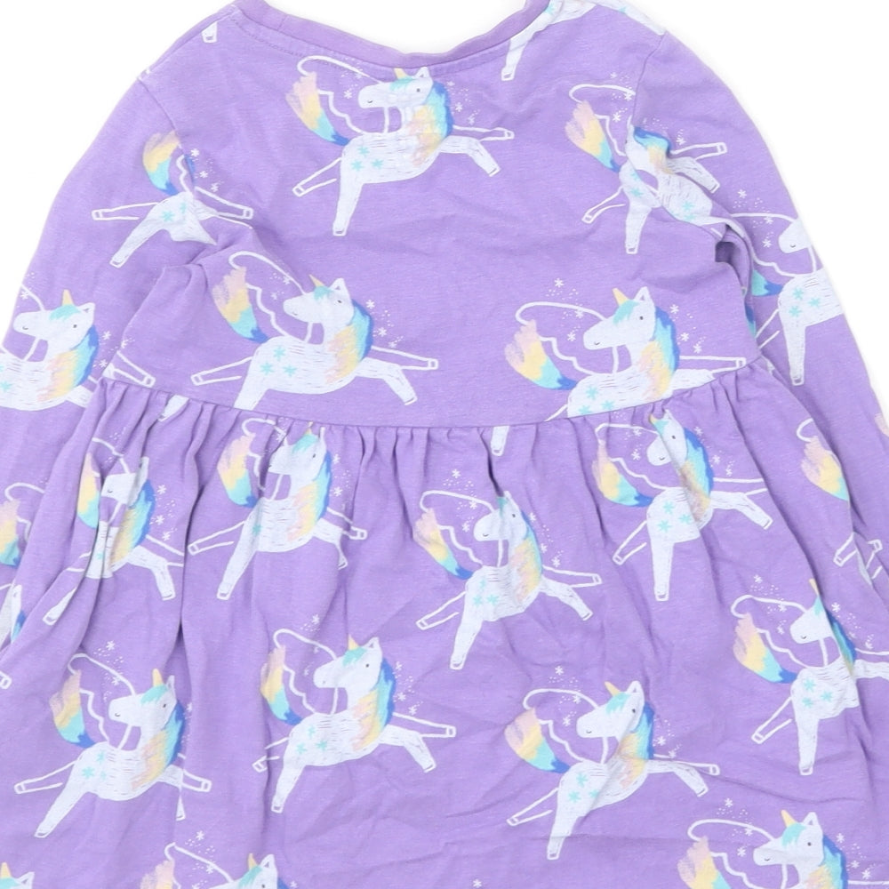 Marks and Spencer Girls Purple Geometric Cotton Skater Dress Size 2-3 Years Round Neck Pullover - Unicorn