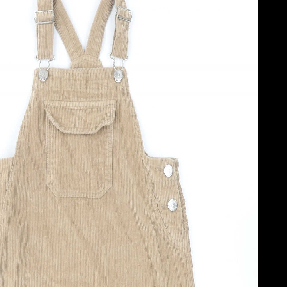 Matalan Girls Brown Cotton Pinafore/Dungaree Dress Size 10 Years Square Neck Buckle