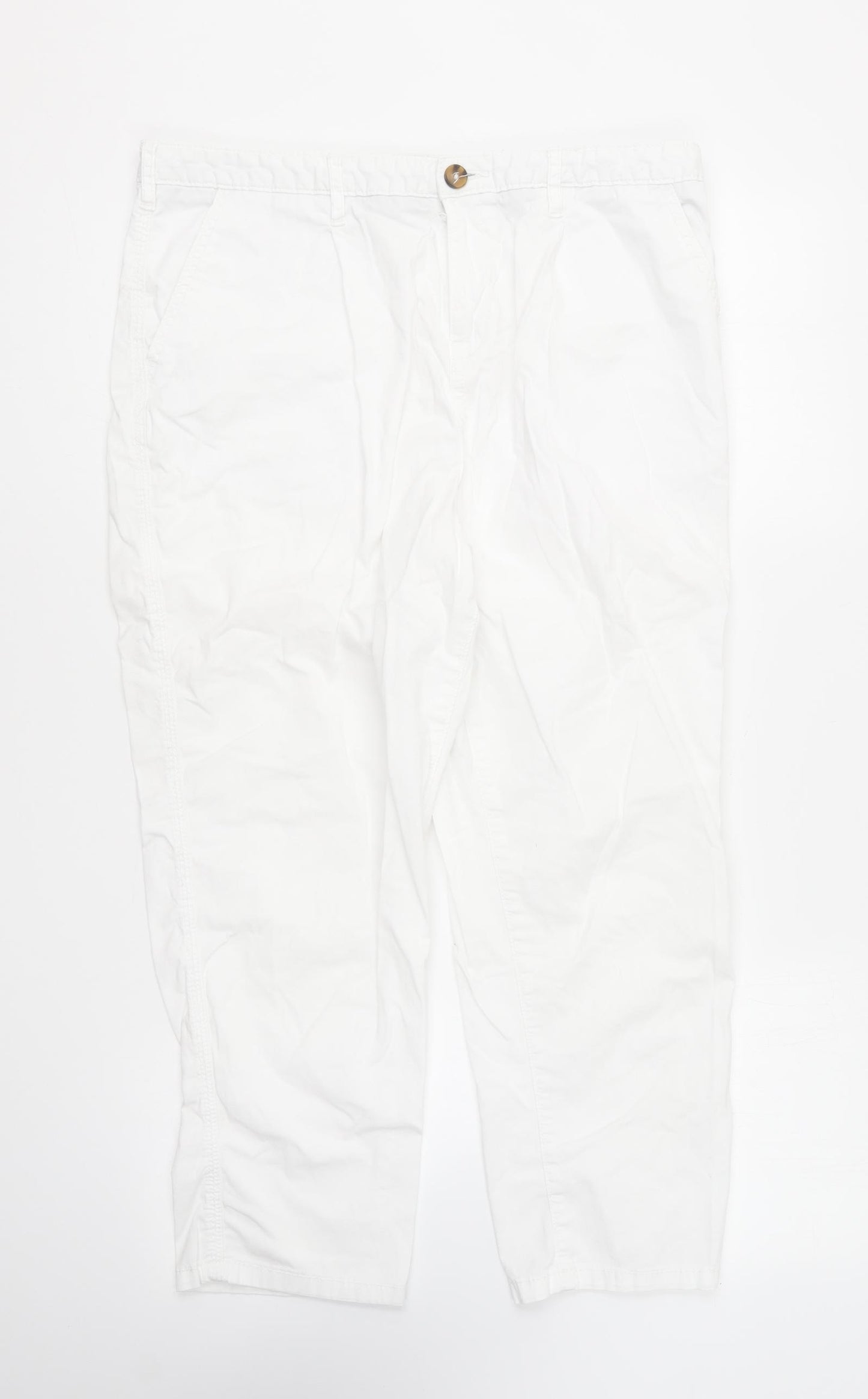 F&F Womens White Cotton Cropped Trousers Size 14 L21 in Regular Button