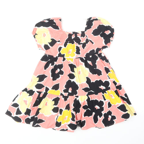F&F Girls Multicoloured Floral Cotton Skater Dress Size 6-7 Years Square Neck Pullover
