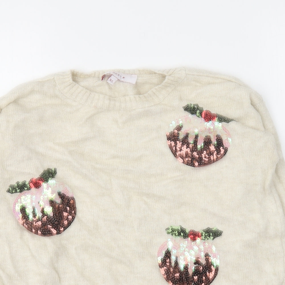 NEXT Womens Beige Round Neck Cotton Pullover Jumper Size XS - Christmas Pudding