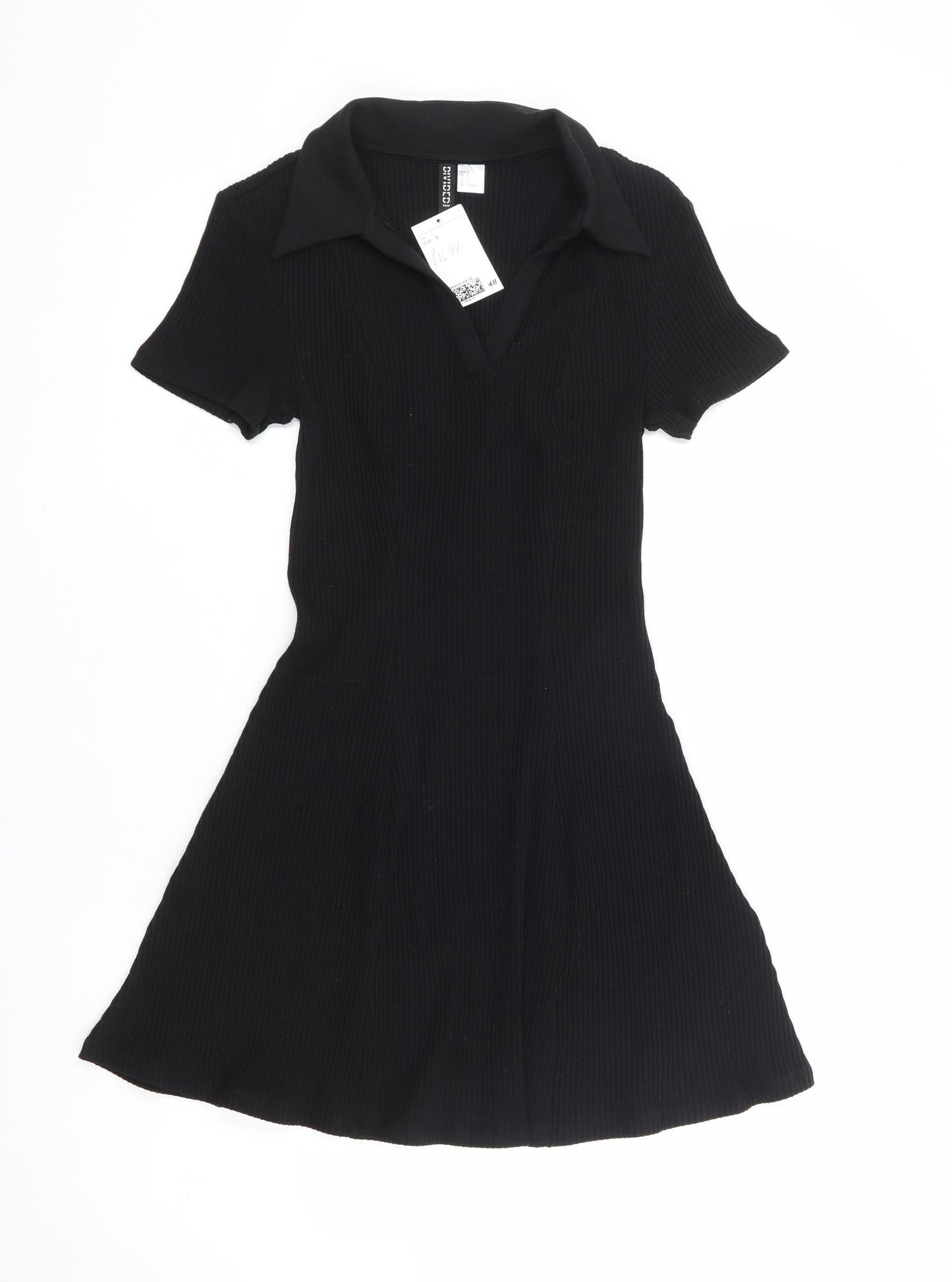 H&M Womens Black Cotton Skater Dress Size S Collared Pullover