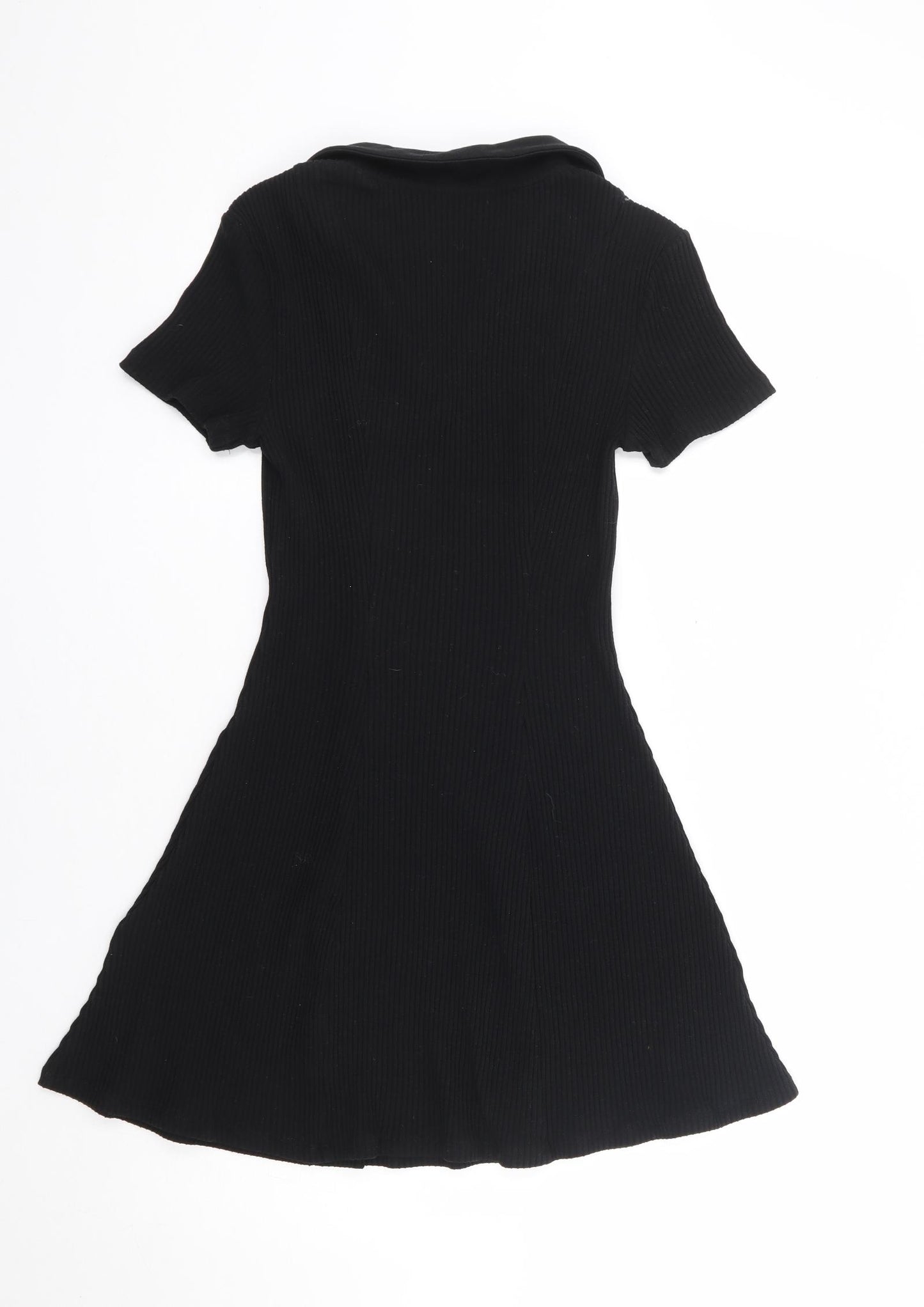 H&M Womens Black Cotton Skater Dress Size S Collared Pullover