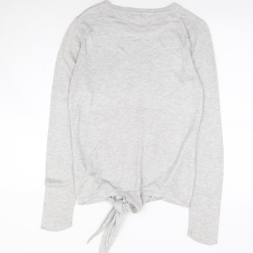 NEXT Womens Grey Round Neck Viscose Pullover Jumper Size 8 - Tie Front