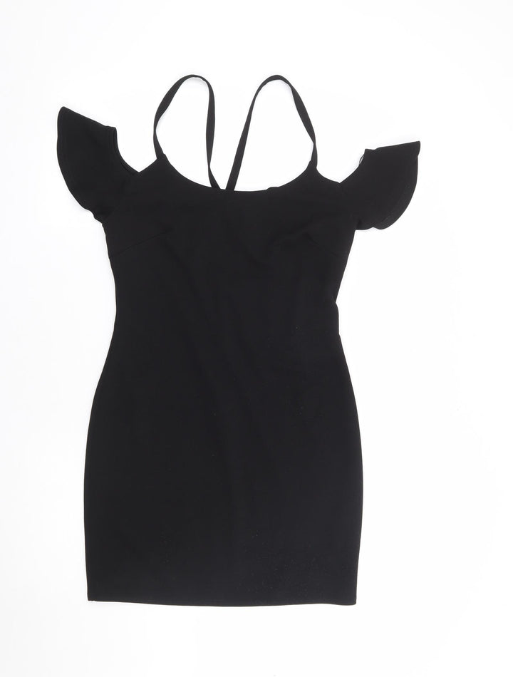 New Look Womens Black Polyester Bodycon Size 12 Round Neck Zip - Cold Shoulder