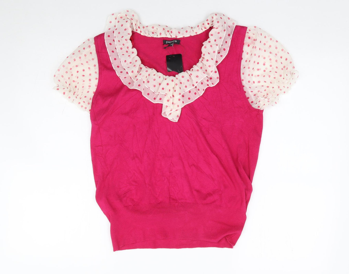 Papaya Womens Pink V-Neck Polka Dot Viscose Pullover Jumper Size 12