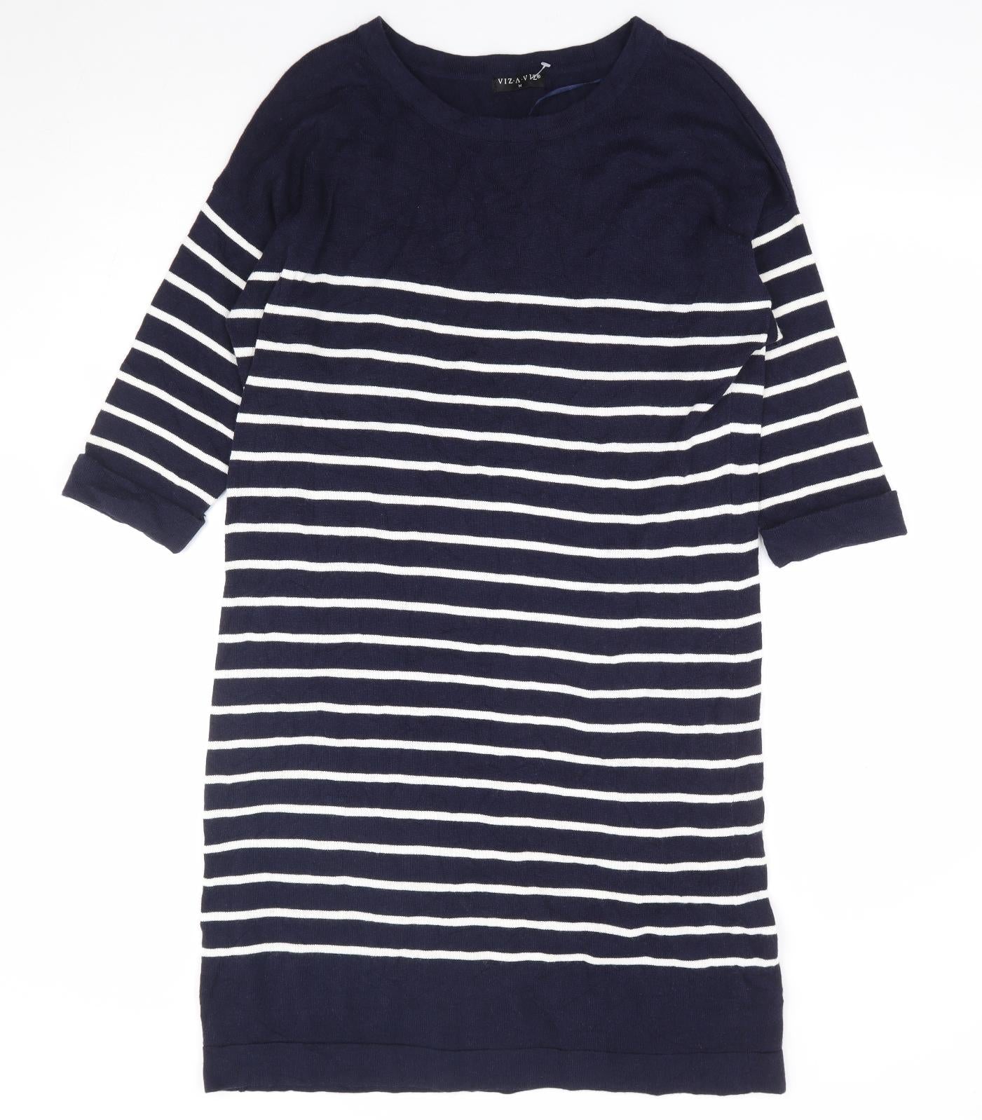 Viz-A-Viz Womens Blue Striped Viscose Jumper Dress Size M Round Neck Pullover
