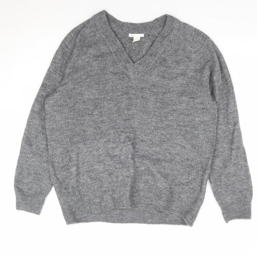 H&M Womens Grey V-Neck Acrylic Pullover Jumper Size S