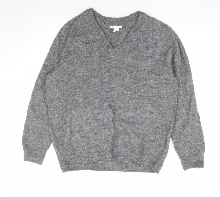 H&M Womens Grey V-Neck Acrylic Pullover Jumper Size S