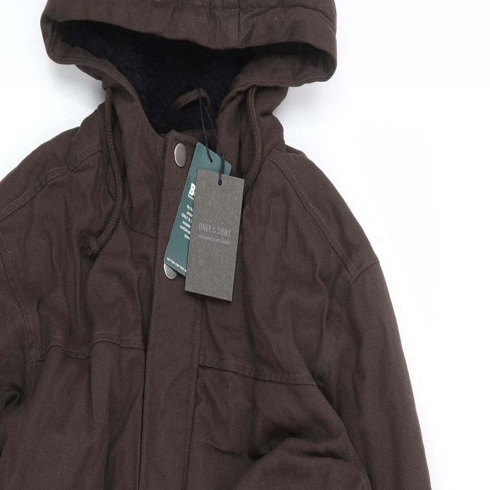 ONLY & SONS Mens Brown Parka Coat Size M Zip - Fur Lined