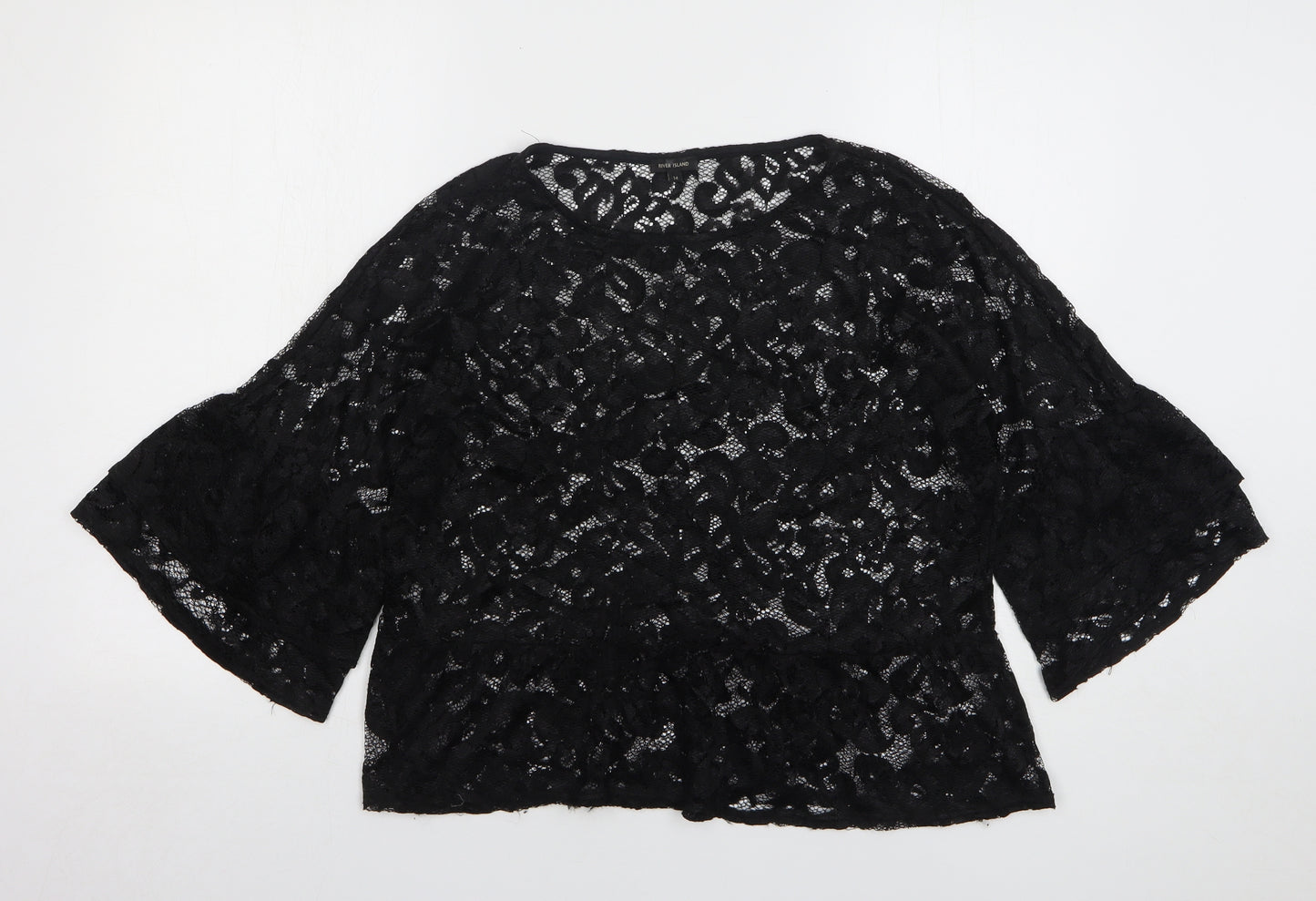 River Island Womens Black Floral Polyester Basic Blouse Size 14 Round Neck - Layered Sleeve
