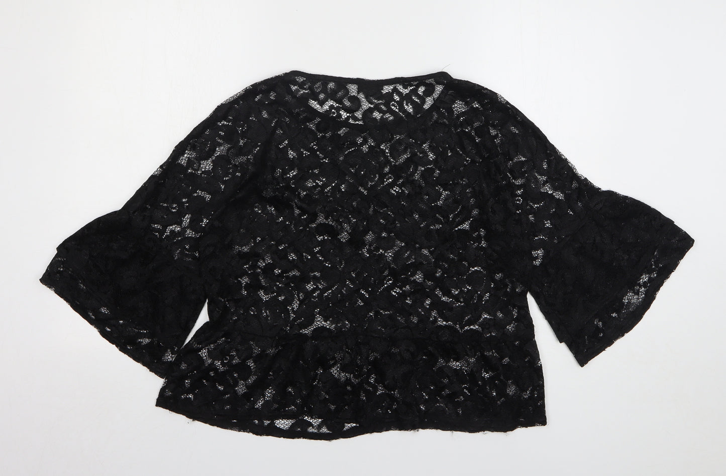 River Island Womens Black Floral Polyester Basic Blouse Size 14 Round Neck - Layered Sleeve