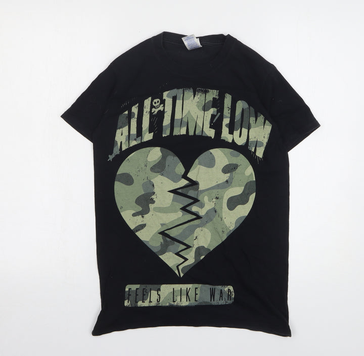 Gildan Womens Black Camouflage Cotton Basic T-Shirt Size S Round Neck - All Time Low