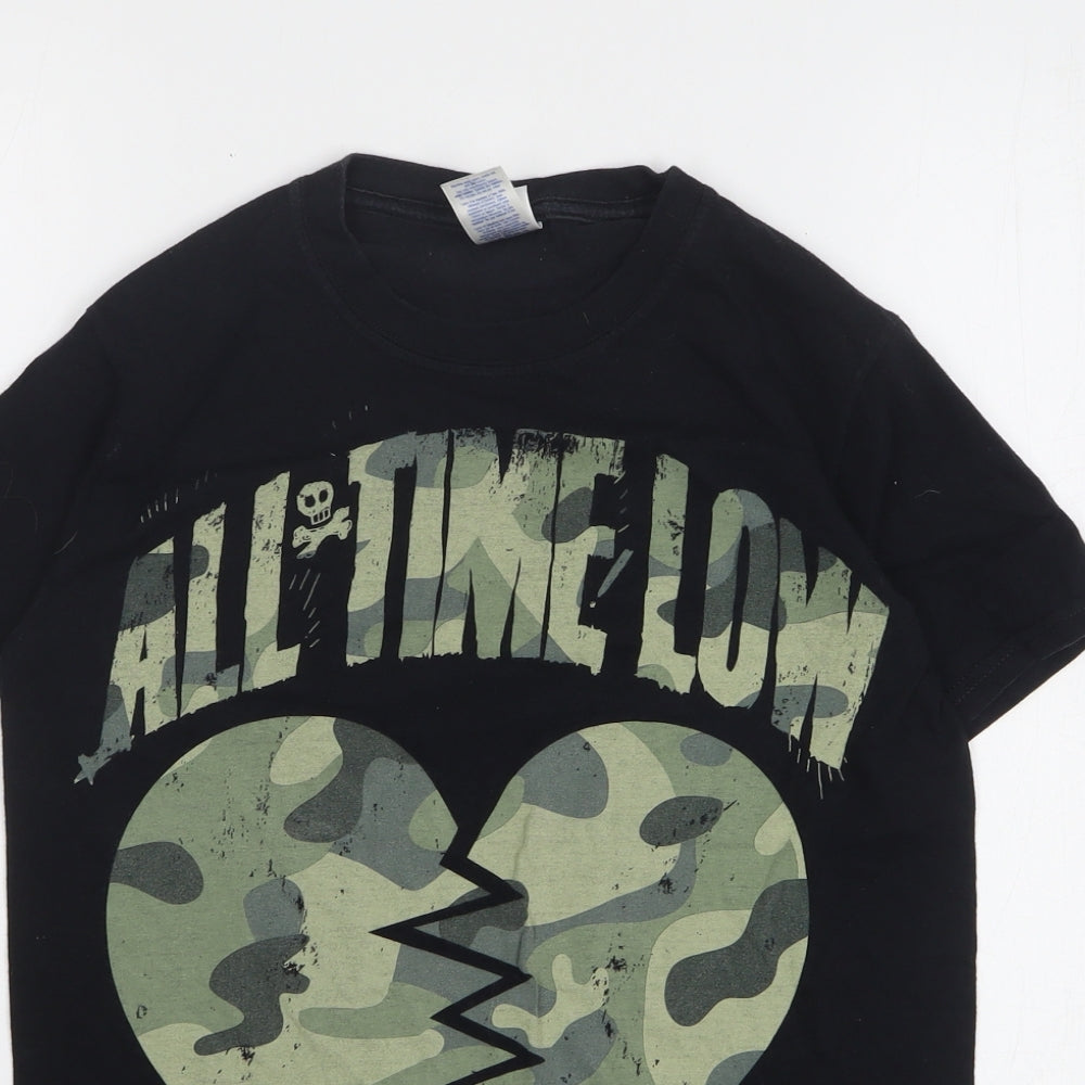 Gildan Womens Black Camouflage Cotton Basic T-Shirt Size S Round Neck - All Time Low