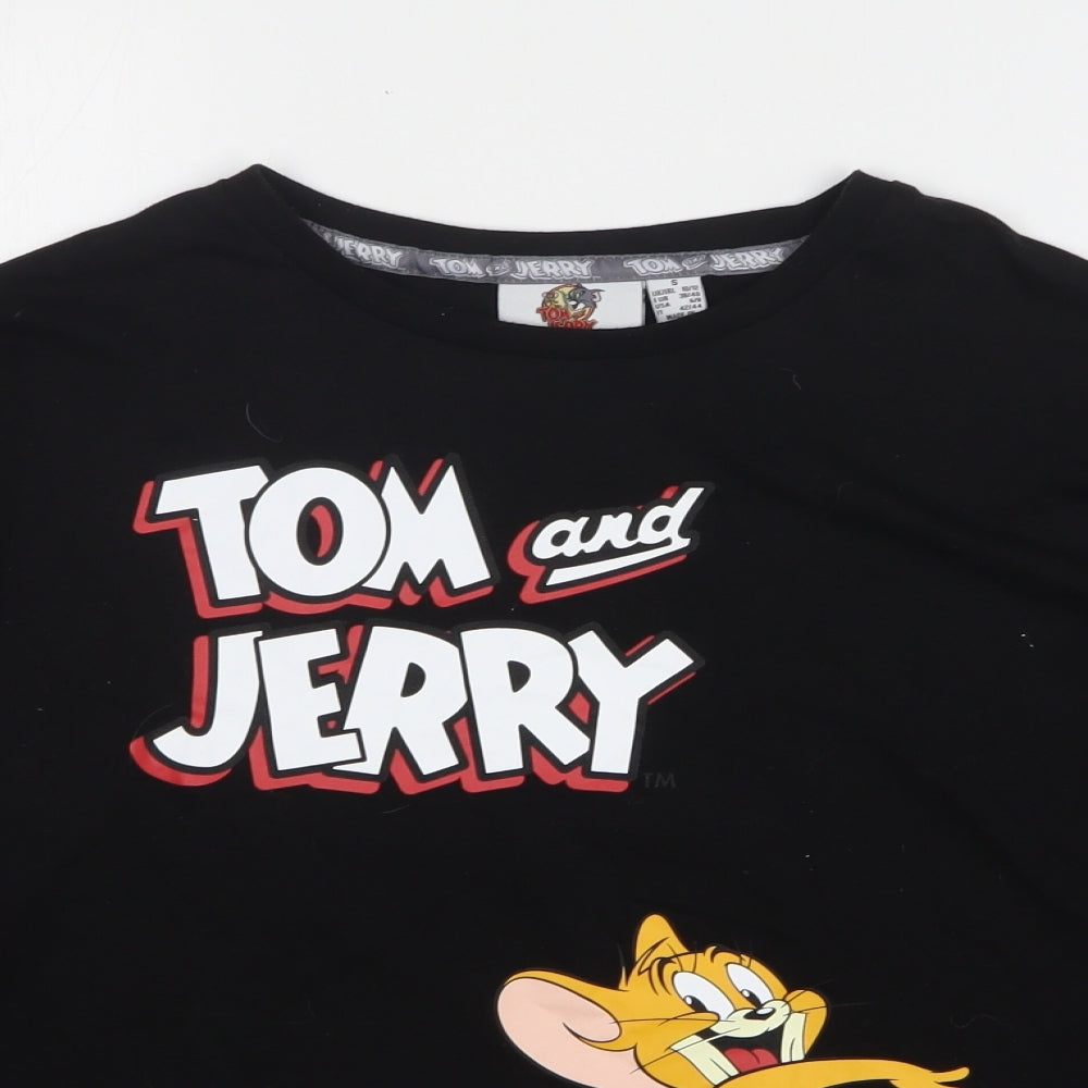 Primark Womens Black Polyester Cropped T-Shirt Size 10 Round Neck - Tom And Jerry