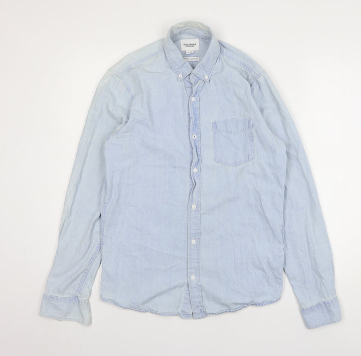 Pull&Bear Mens Blue Cotton Button-Up Size S Collared Button