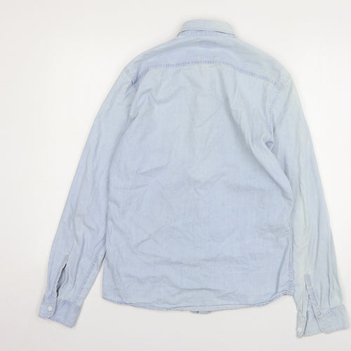 Pull&Bear Mens Blue Cotton Button-Up Size S Collared Button