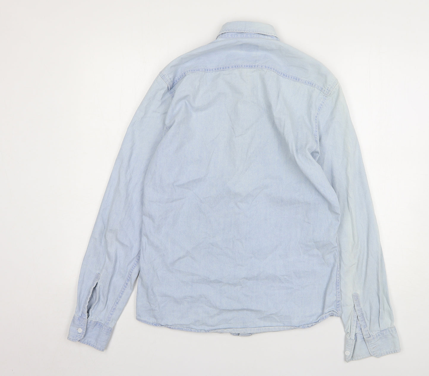 Pull&Bear Mens Blue Cotton Button-Up Size S Collared Button