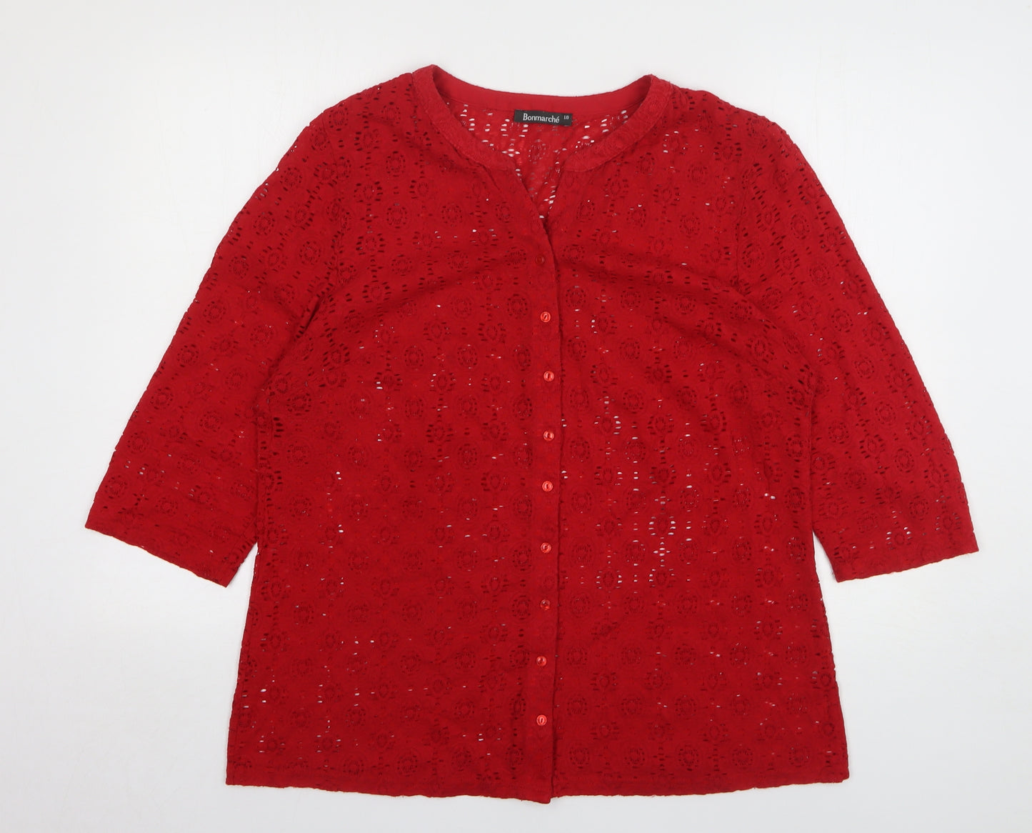 Bonmarché Womens Red Geometric Polyester Basic Button-Up Size 18 V-Neck