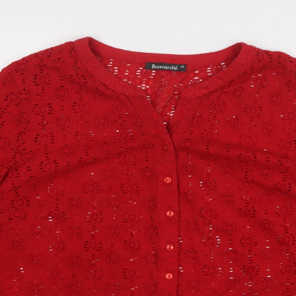 Bonmarché Womens Red Geometric Polyester Basic Button-Up Size 18 V-Neck