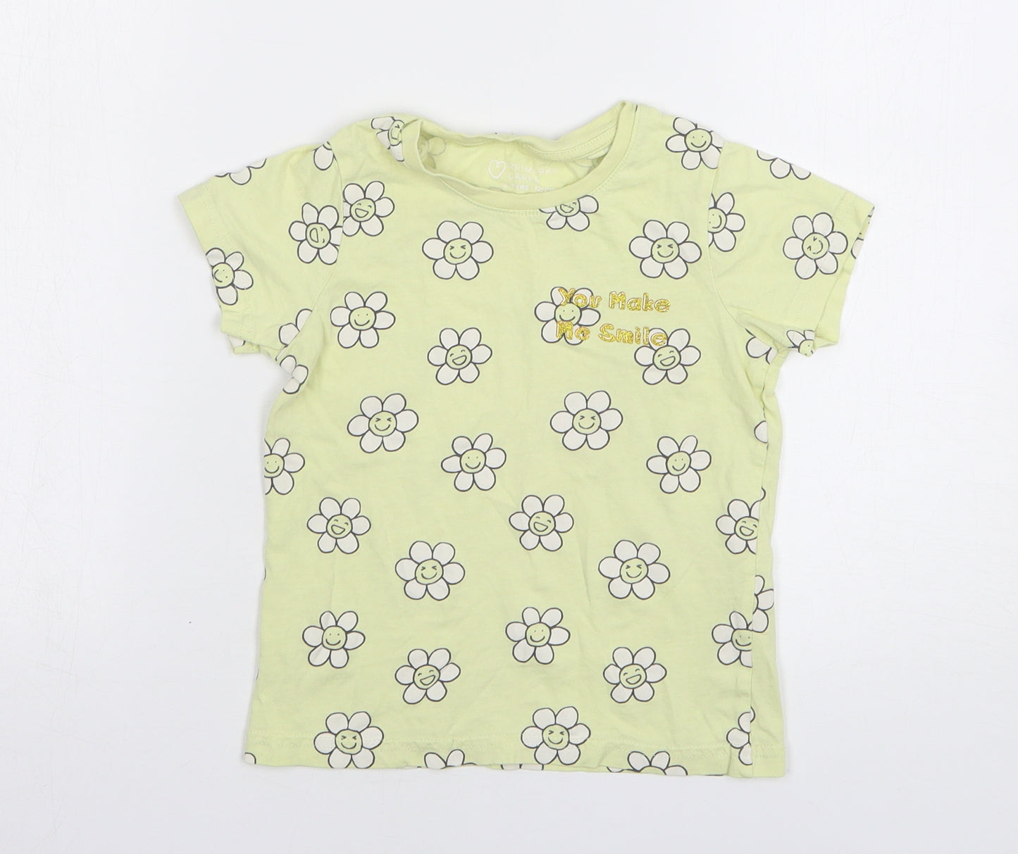 Primark Girls Yellow Floral Cotton Basic T-Shirt Size 6-7 Years Round Neck Pullover - Daisy