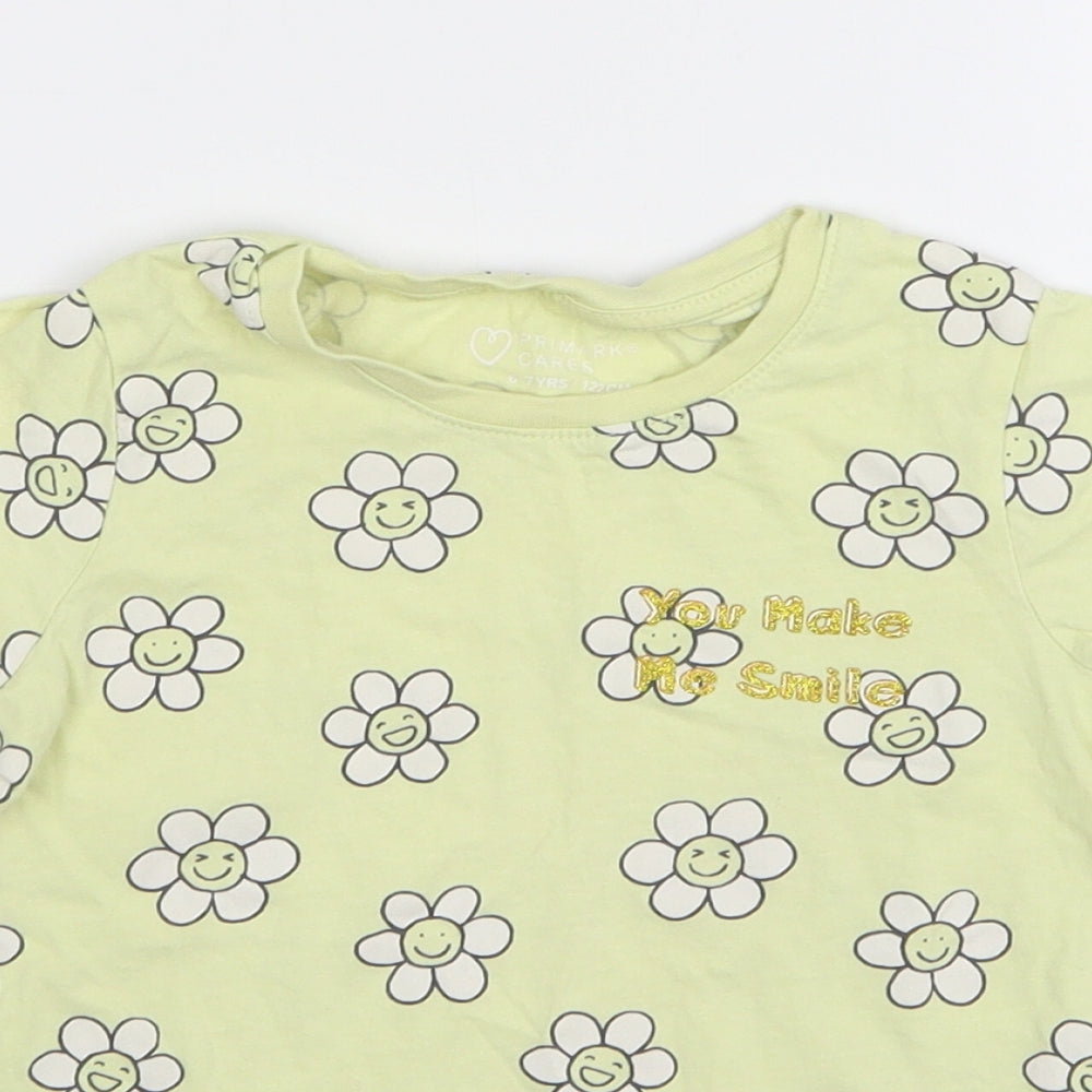 Primark Girls Yellow Floral Cotton Basic T-Shirt Size 6-7 Years Round Neck Pullover - Daisy