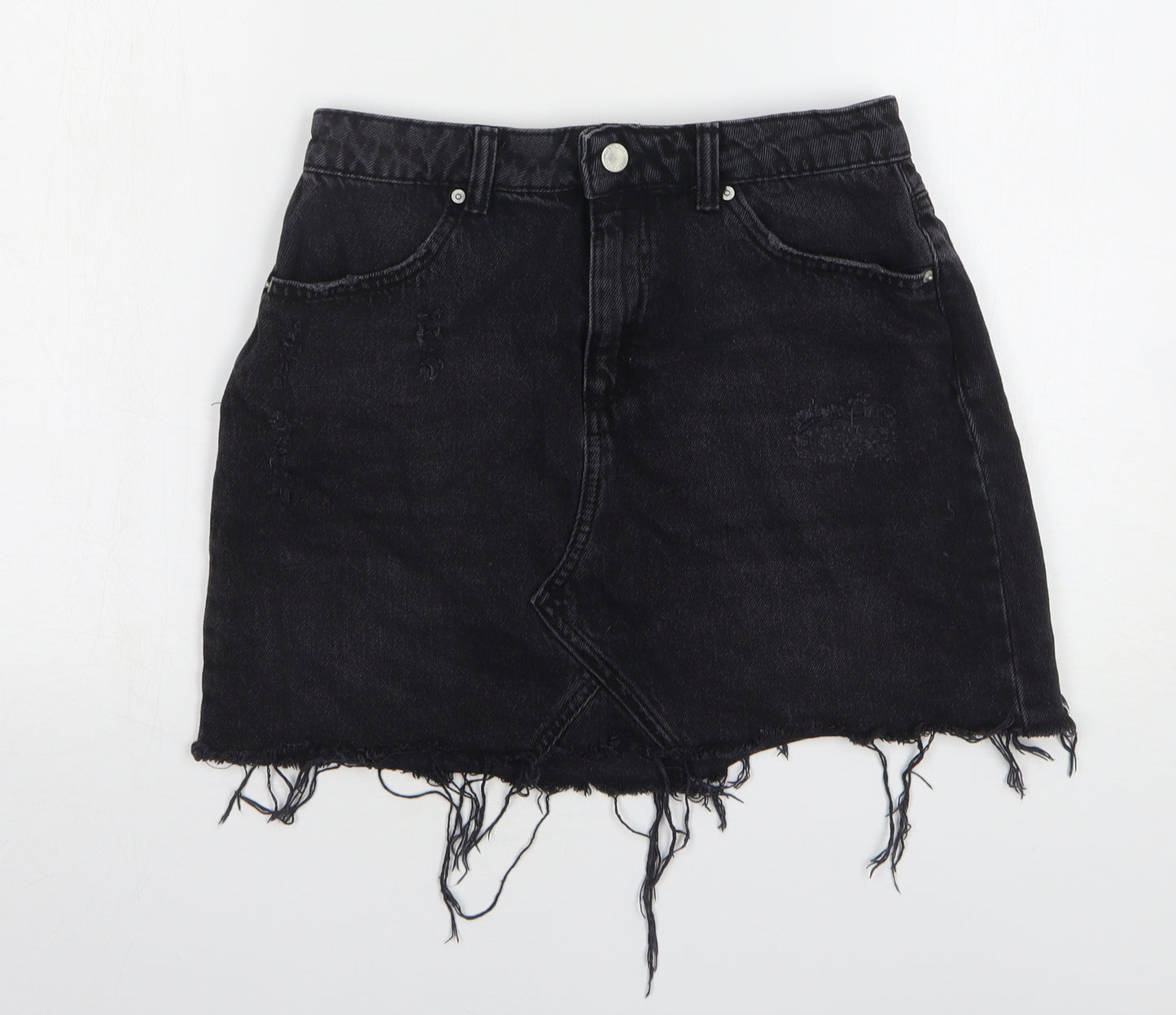Miss Selfridge Womens Black Cotton Mini Skirt Size 10 Button - Distressed Hem