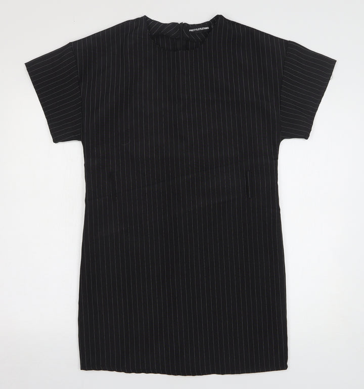 PRETTYLITTLETHING Womens Black Striped Polyester T-Shirt Dress Size 8 Round Neck Pullover