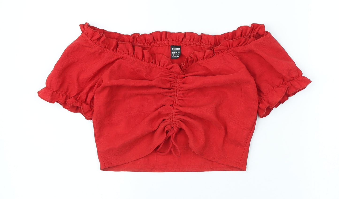 SheIn Womens Red Polyester Cropped T-Shirt Size XS Off the Shoulder - Ruched Scallop Hem