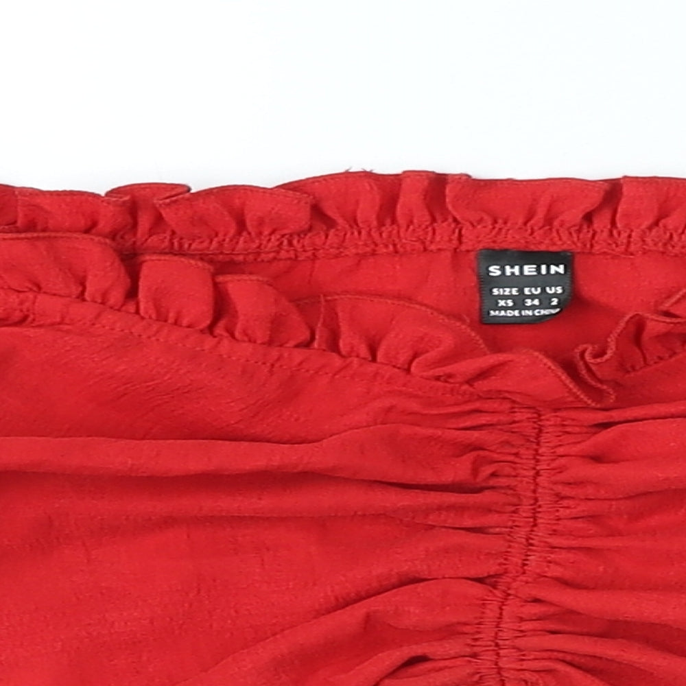 SheIn Womens Red Polyester Cropped T-Shirt Size XS Off the Shoulder - Ruched Scallop Hem
