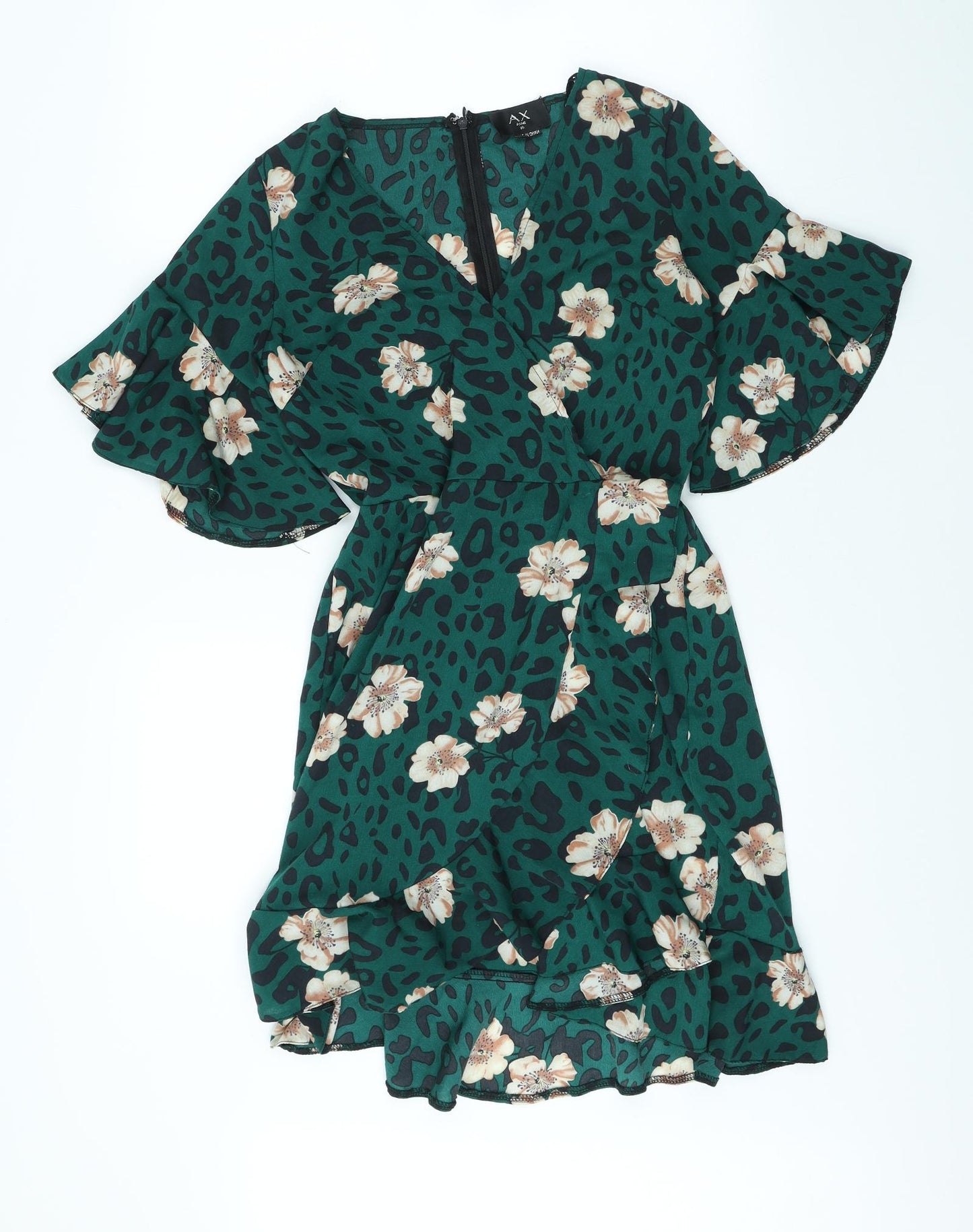 AX Paris Womens Green Floral Polyester Wrap Dress Size 10 V-Neck Zip - Animal Print Angel Sleeve