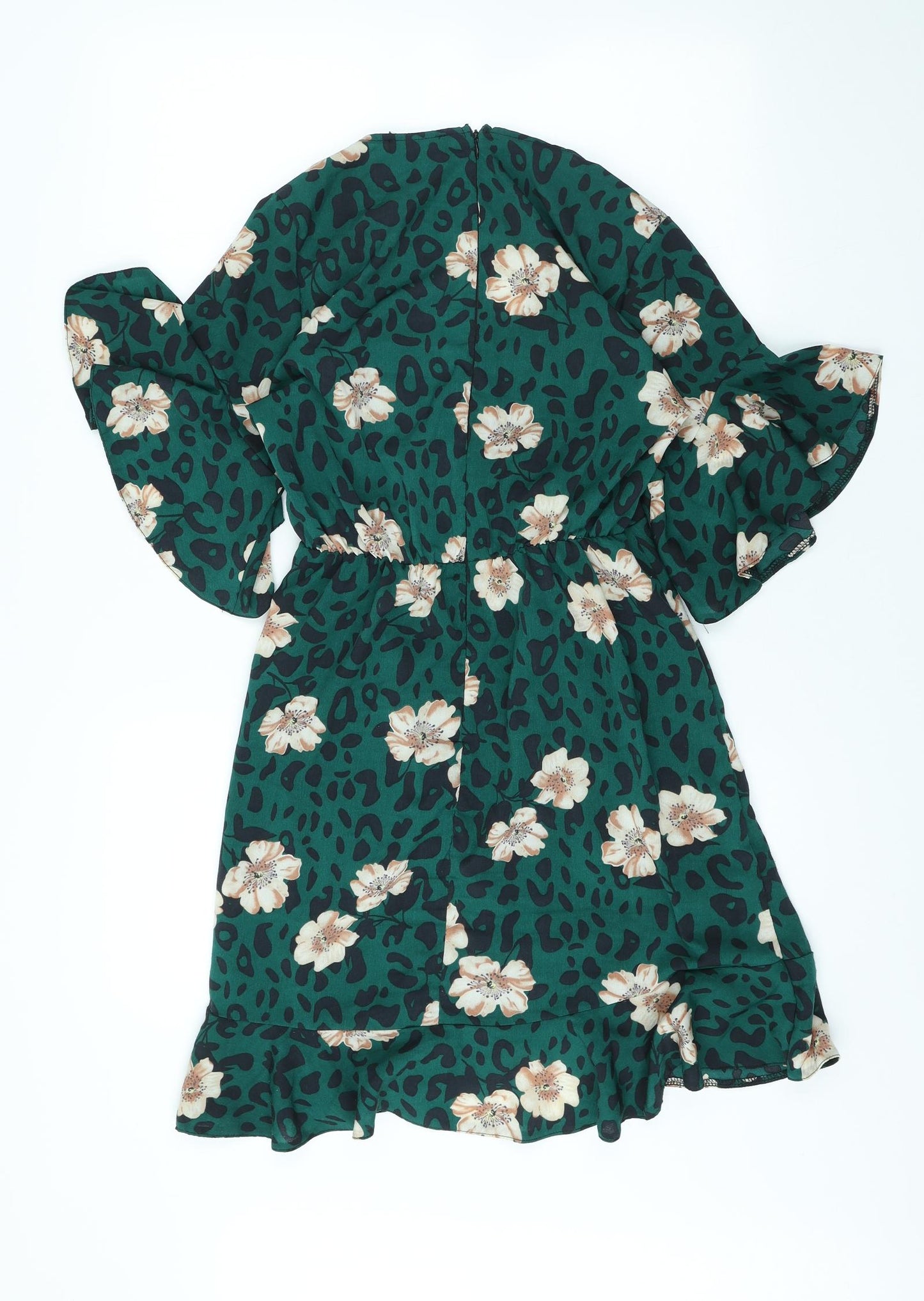 AX Paris Womens Green Floral Polyester Wrap Dress Size 10 V-Neck Zip - Animal Print Angel Sleeve