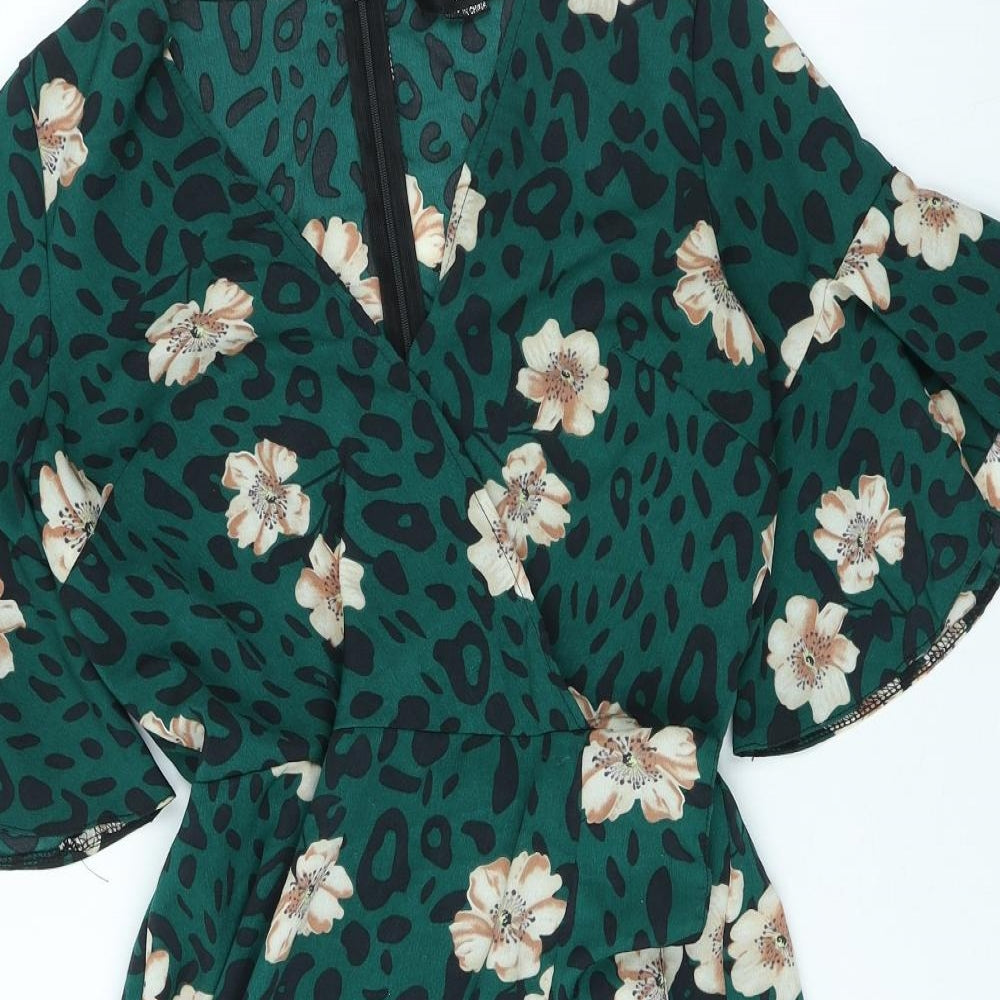 AX Paris Womens Green Floral Polyester Wrap Dress Size 10 V-Neck Zip - Animal Print Angel Sleeve