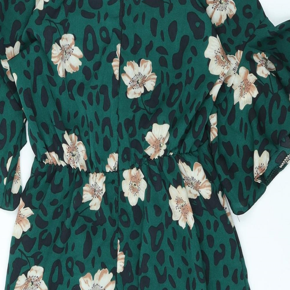 AX Paris Womens Green Floral Polyester Wrap Dress Size 10 V-Neck Zip - Animal Print Angel Sleeve