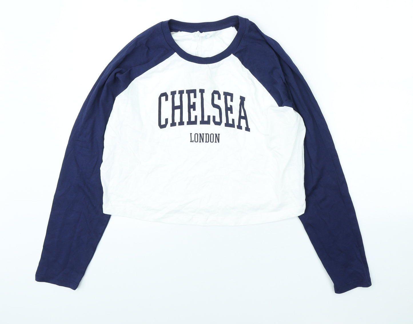 Primark Womens White Colourblock Cotton Cropped T-Shirt Size L Round Neck - Chelsea London