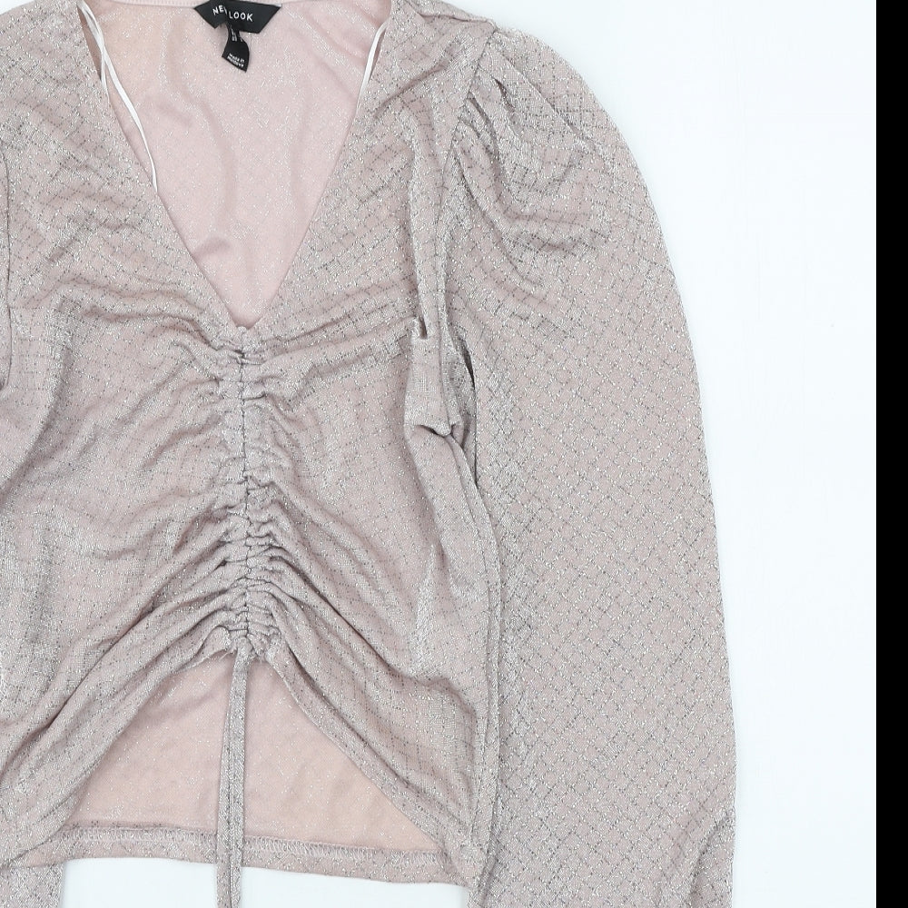 New Look Womens Pink Nylon Basic Blouse Size 12 Scoop Neck - Ruched