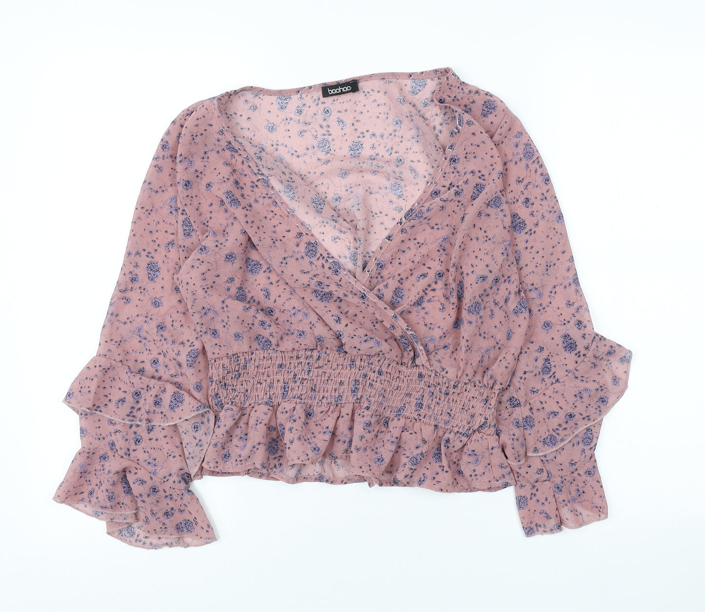 Boohoo Womens Pink Floral Polyester Basic Blouse Size 12 V-Neck