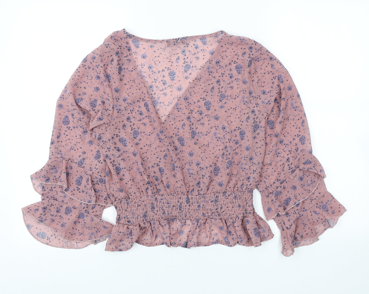 Boohoo Womens Pink Floral Polyester Basic Blouse Size 12 V-Neck