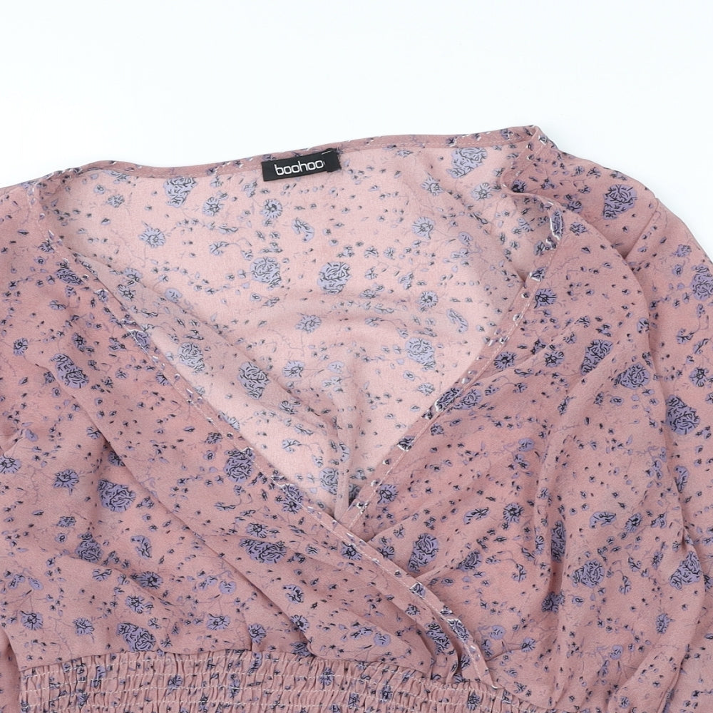 Boohoo Womens Pink Floral Polyester Basic Blouse Size 12 V-Neck