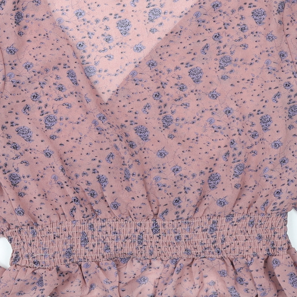 Boohoo Womens Pink Floral Polyester Basic Blouse Size 12 V-Neck