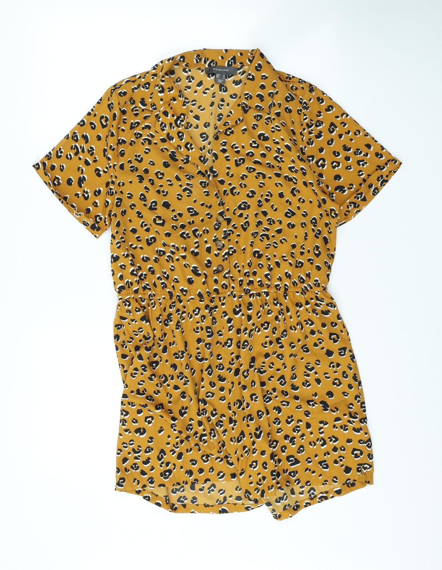 Primark Womens Yellow Animal Print Polyester Playsuit One-Piece Size 12 Button