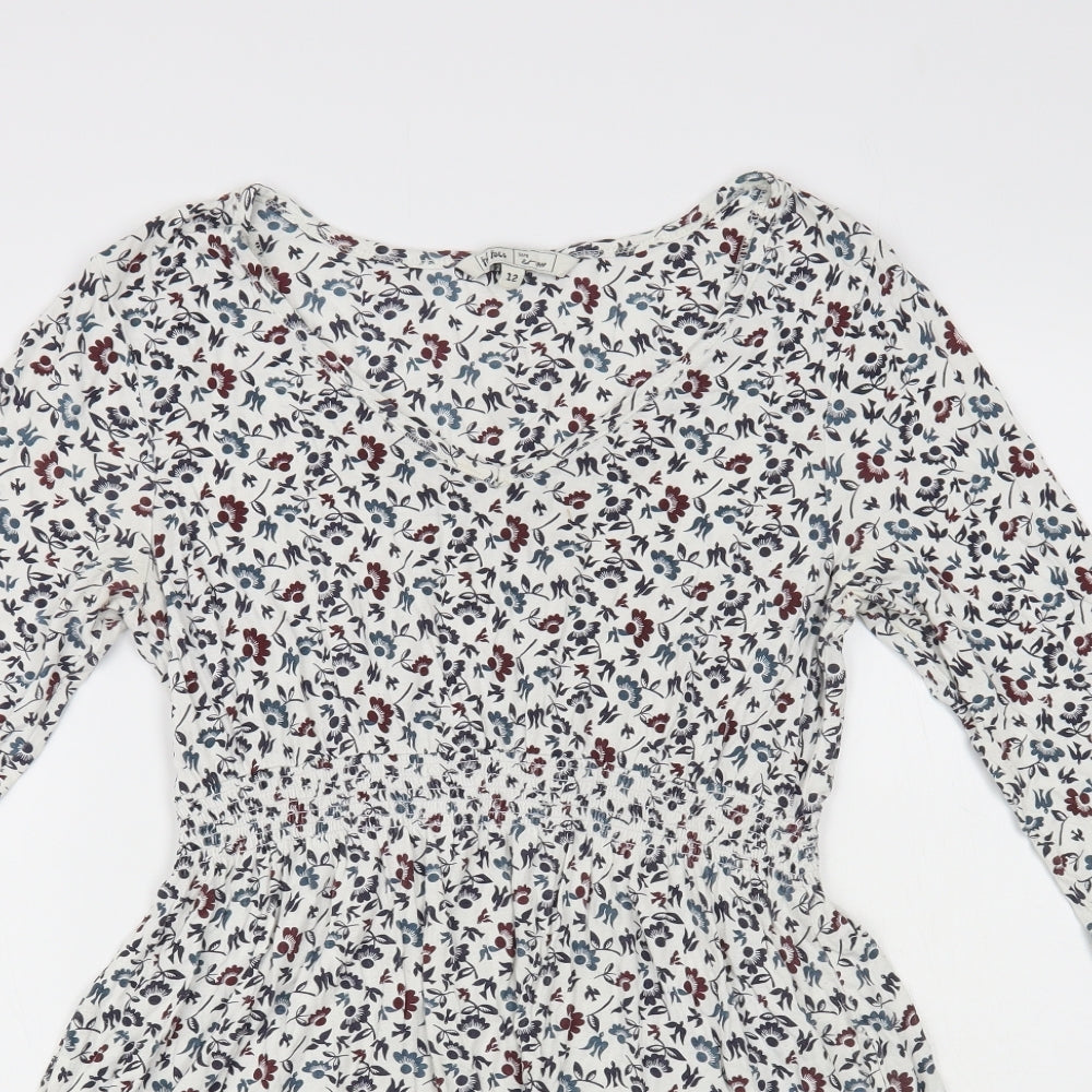 Fat Face Womens White Floral Viscose Fit & Flare Size 12 V-Neck Pullover
