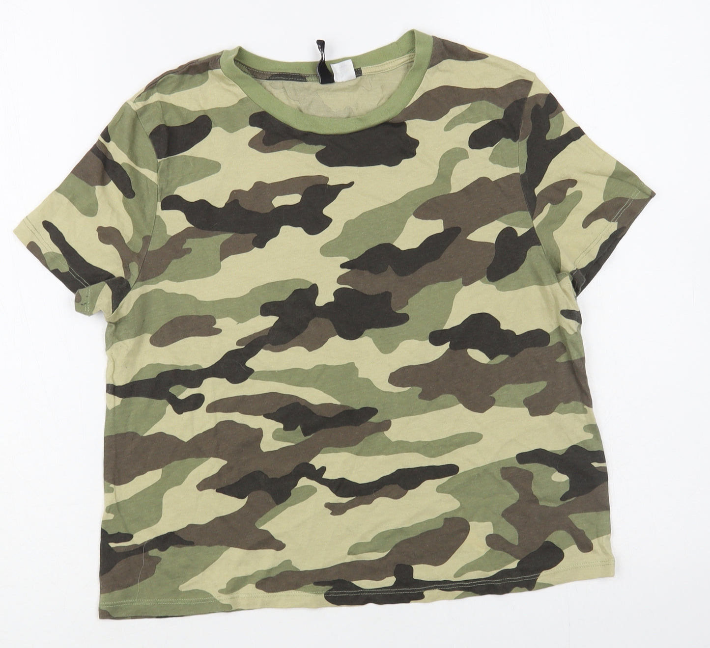H&M Womens Green Camouflage Cotton Basic T-Shirt Size M Crew Neck