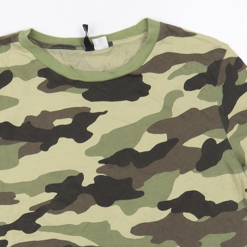 H&M Womens Green Camouflage Cotton Basic T-Shirt Size M Crew Neck