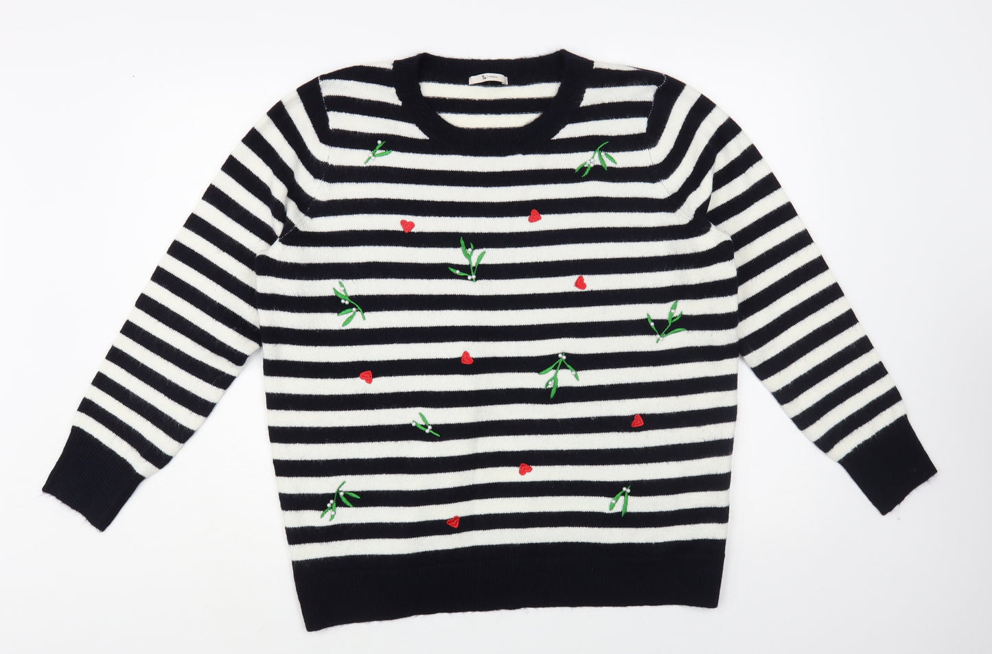 TU Womens Black Boat Neck Striped Acrylic Pullover Jumper Size 18