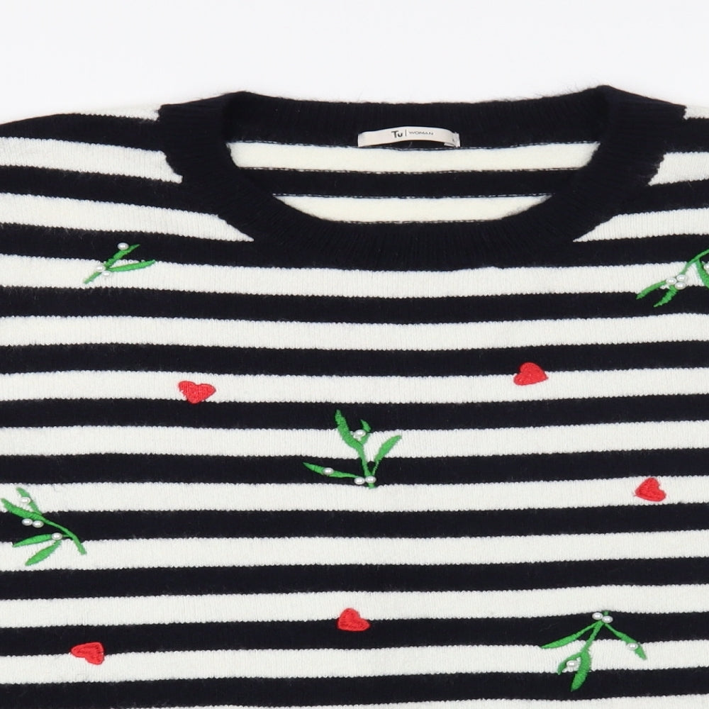 TU Womens Black Boat Neck Striped Acrylic Pullover Jumper Size 18