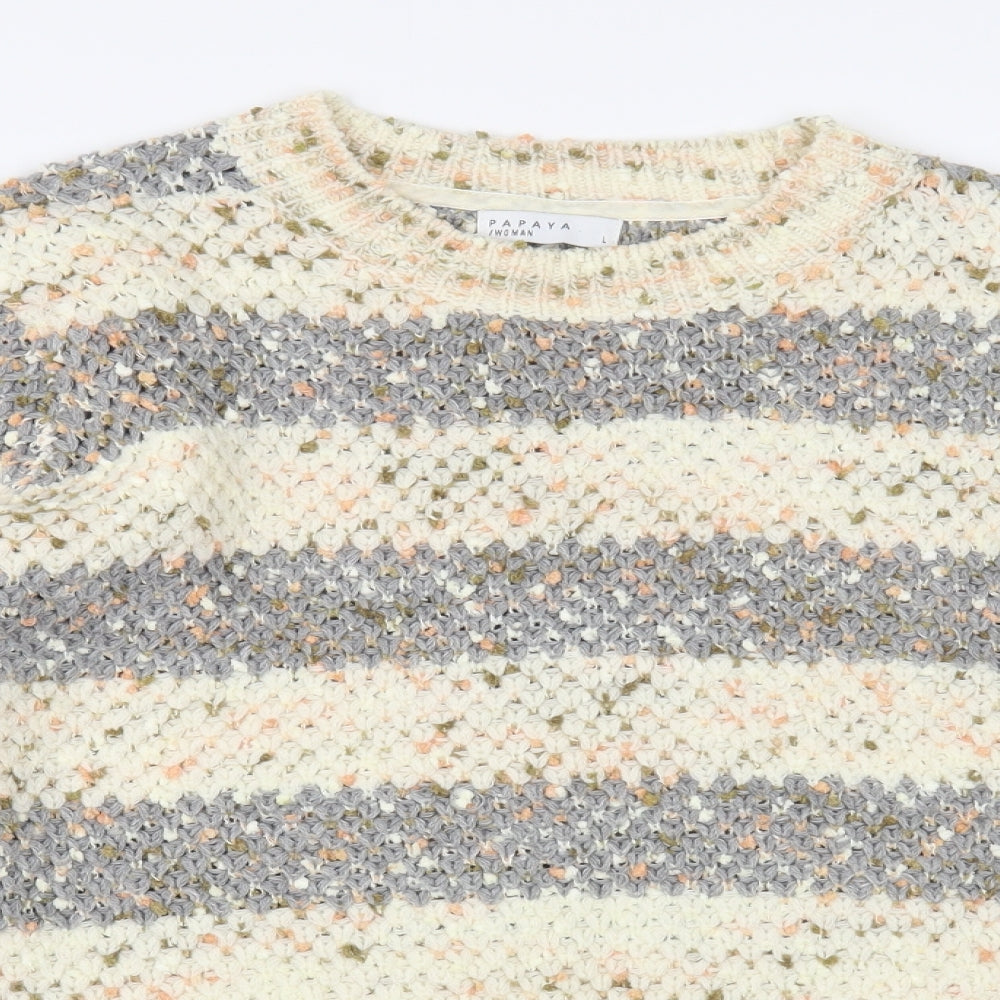 Papaya Womens Beige Crew Neck Striped Polyester Pullover Jumper Size L
