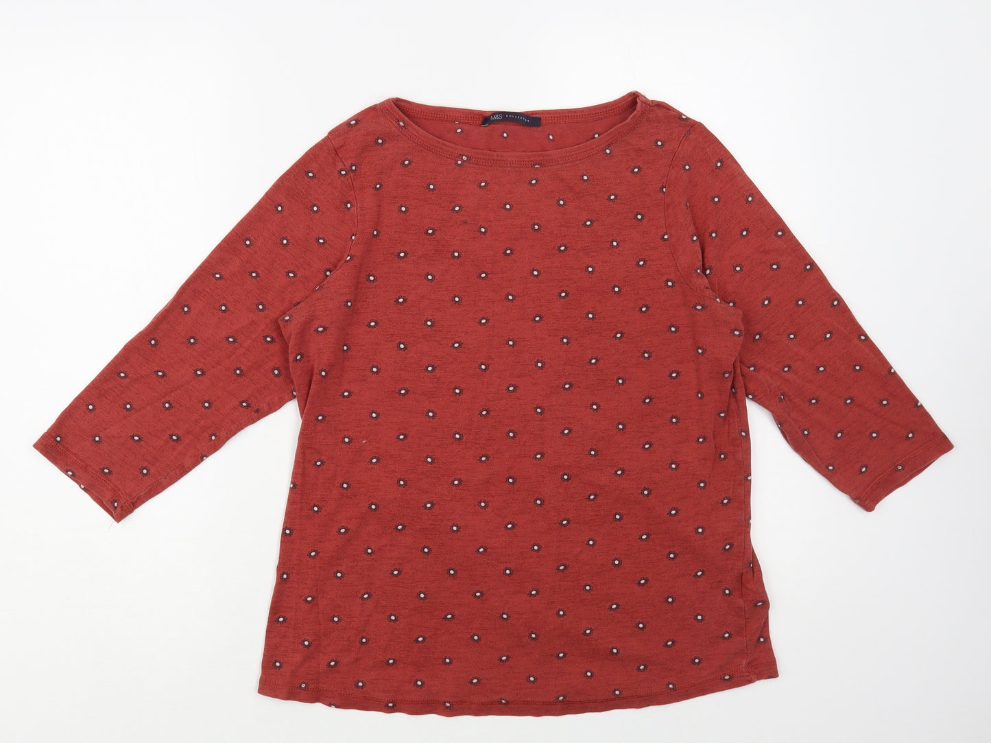 Marks and Spencer Womens Red Floral Cotton Basic T-Shirt Size 16 Boat Neck